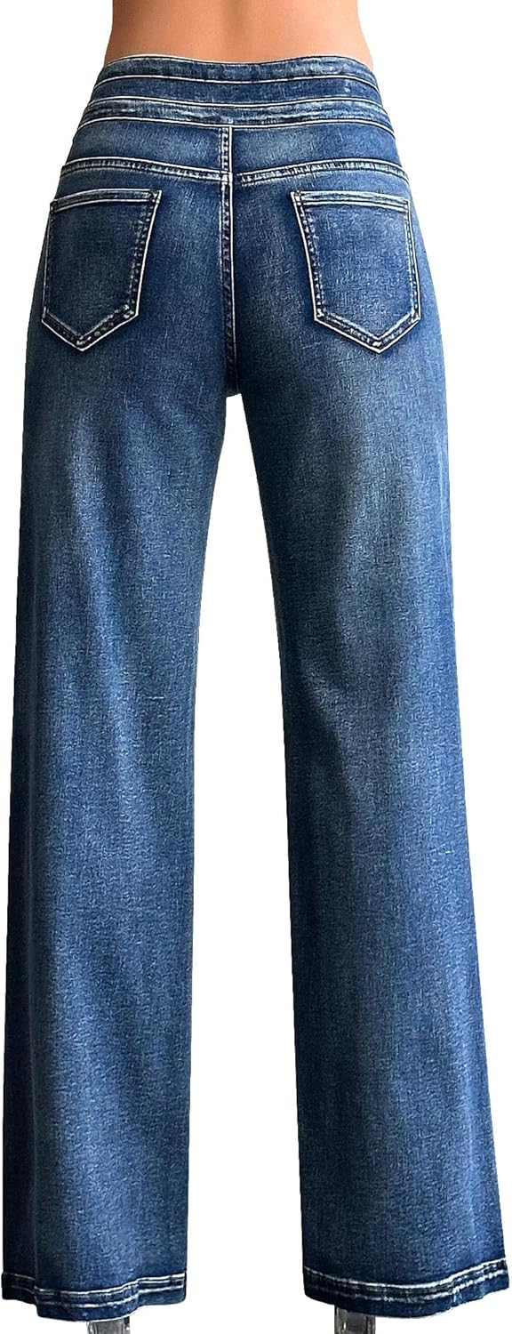 roswear Damen Wide Leg Jeans Lässige High Waist Stretch Baggy Loose Denim Hose