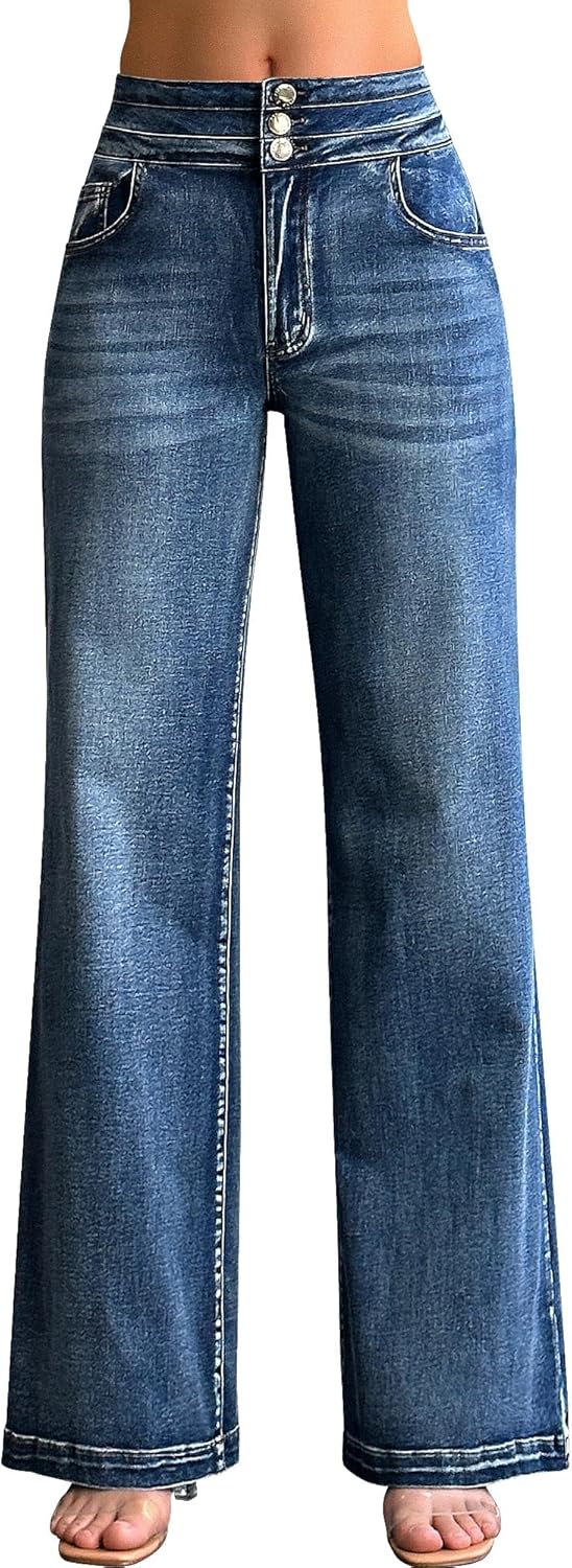 roswear Damen Wide Leg Jeans Lässige High Waist Stretch Baggy Loose Denim Hose