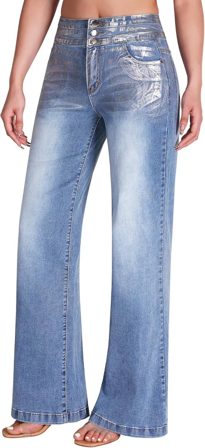 roswear Damen Wide Leg Jeans Lässige High Waist Stretch Baggy Loose Denim Hose