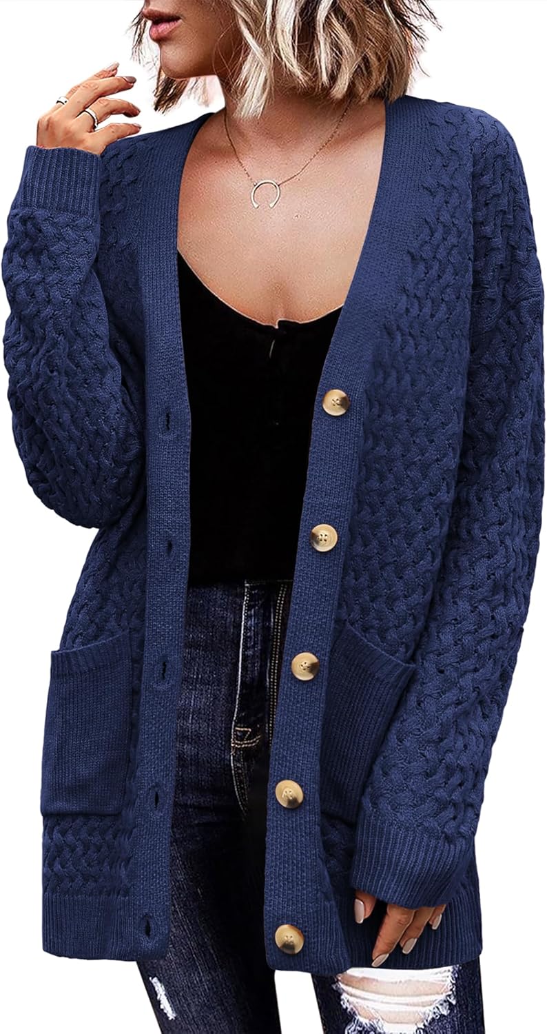 Zeagoo Damen Langarm Grobstrick Cardigan Herbststrickjacken Knopfleiste Offen Vorne Oberbekleidung mit Taschen 2024