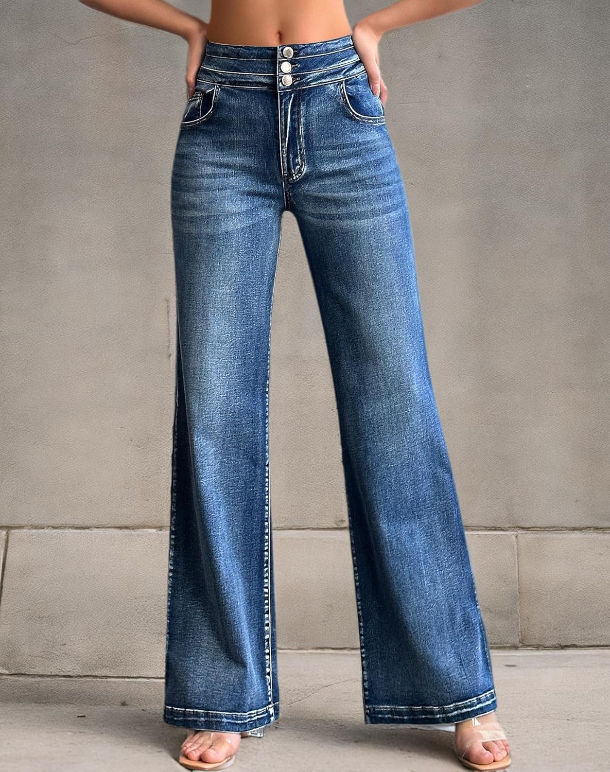 roswear Damen Wide Leg Jeans Lässige High Waist Stretch Baggy Loose Denim Hose