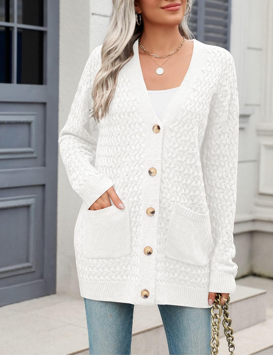Zeagoo Damen Langarm Grobstrick Cardigan Herbststrickjacken Knopfleiste Offen Vorne Oberbekleidung mit Taschen 2024