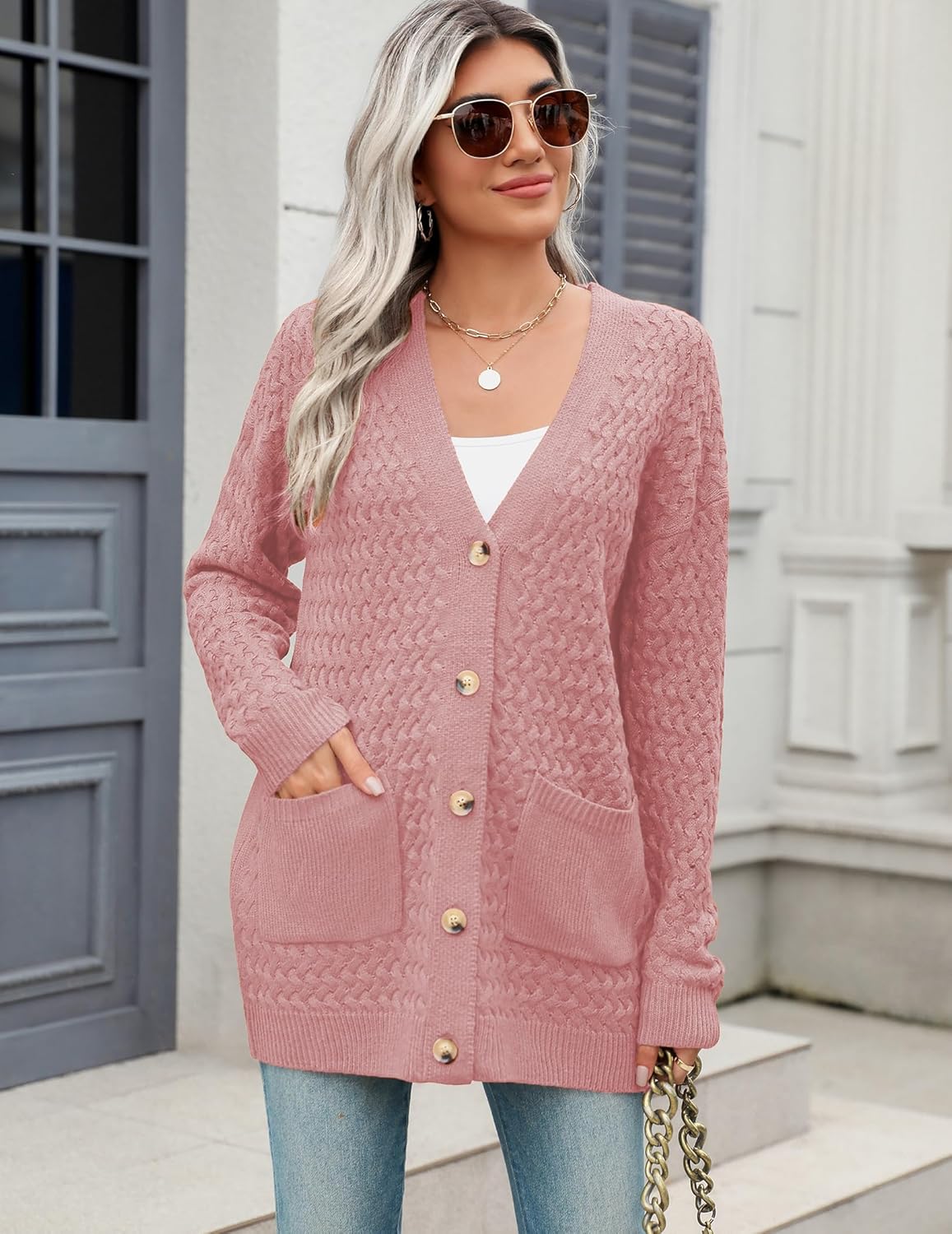 Zeagoo Damen Langarm Grobstrick Cardigan Herbststrickjacken Knopfleiste Offen Vorne Oberbekleidung mit Taschen 2024