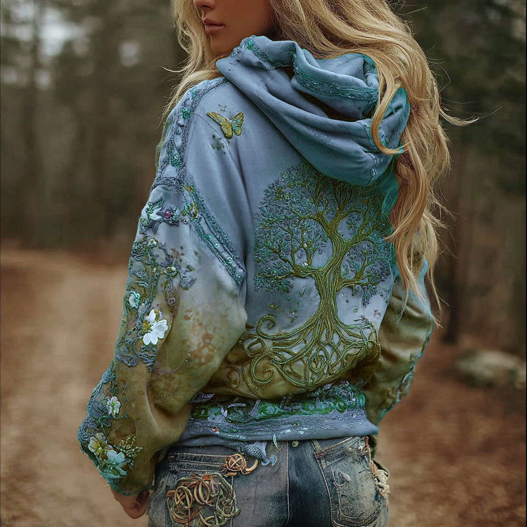 Damen Vintage Wikinger Lebensbaum Kunst Farbverlauf Bequemlichkeit Hoodie