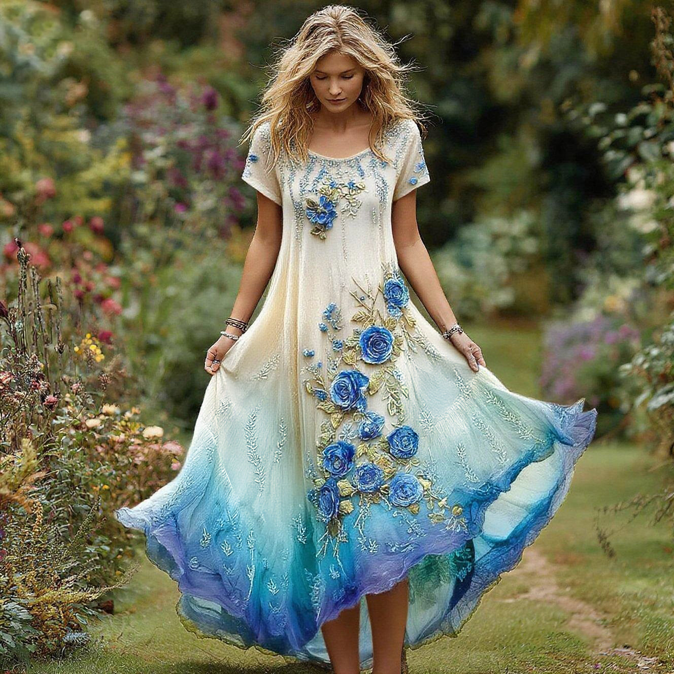 Vintage Damenkleid mit Blumenstickerei, Farbverlauf und Rundhalsausschnitt