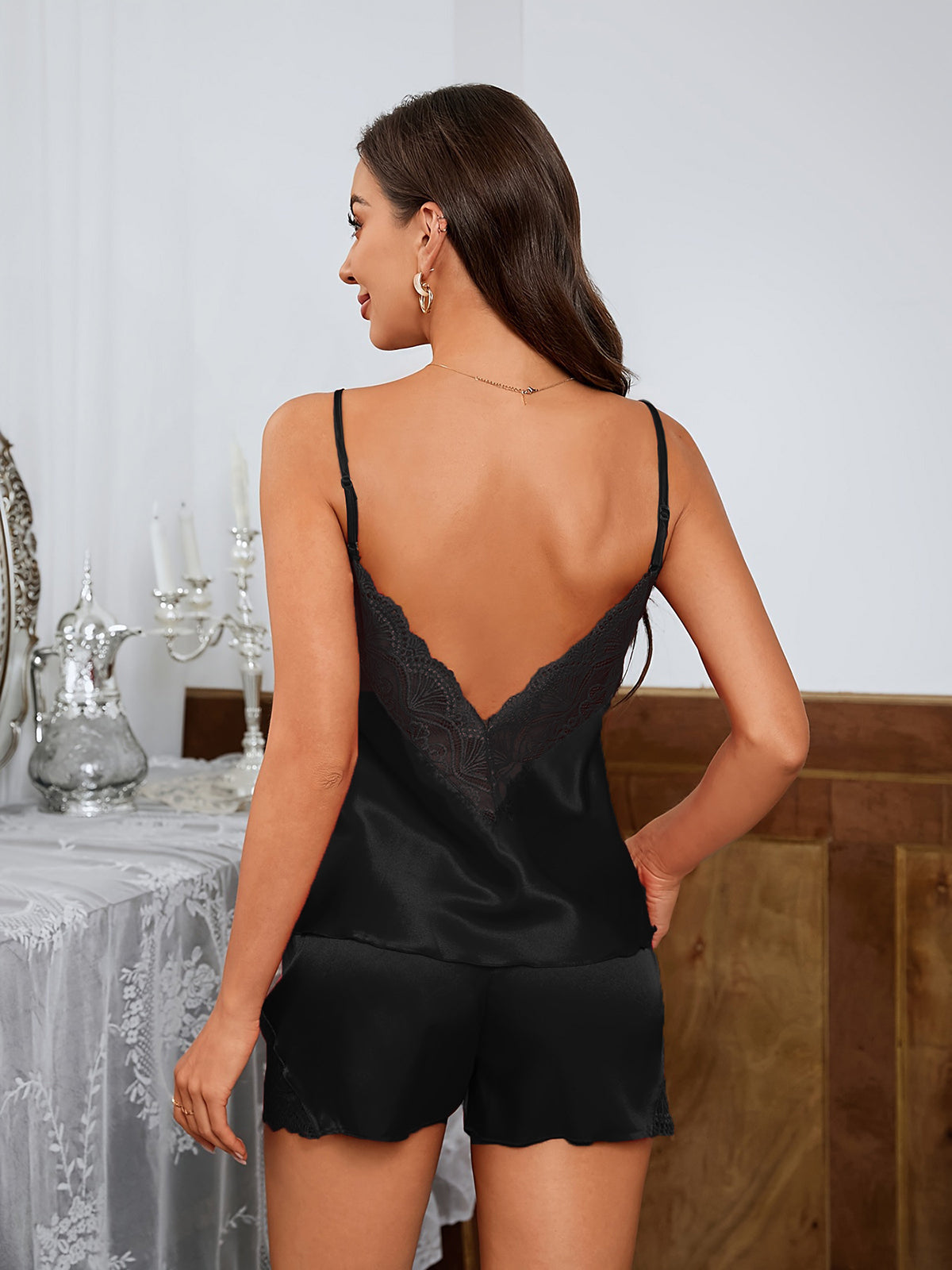 🧚Damen Satin-Pyjama-Set Sexy V-Ausschnitt Rückenloses Spitzen-Nachtwäsche-Set