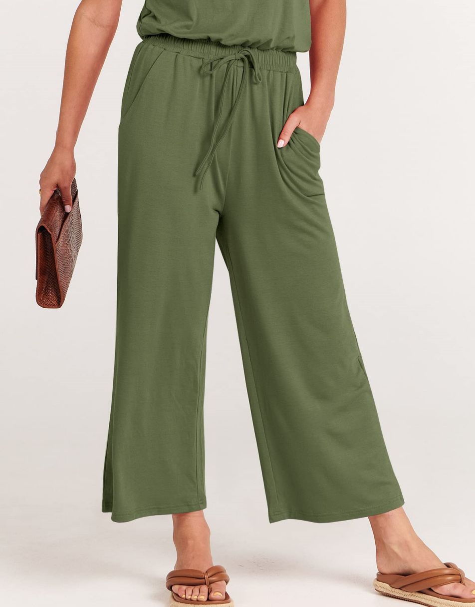 ANRABESS Kurzarm V-Ausschnitt Elastische Taille Weites Bein Cropped Hosen Jumpsuits Strampler