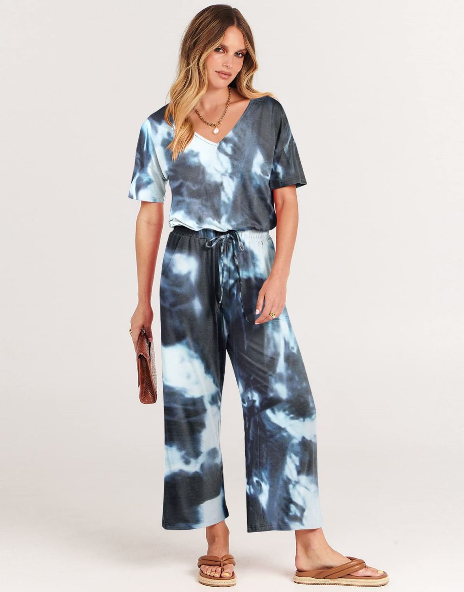 ANRABESS Kurzarm V-Ausschnitt Elastische Taille Weites Bein Cropped Hosen Jumpsuits Strampler
