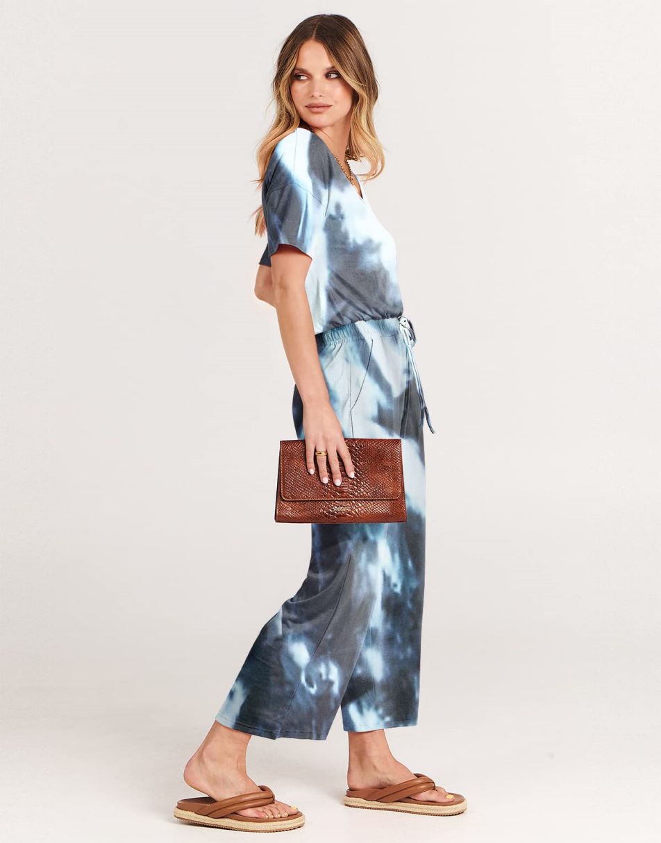 ANRABESS Kurzarm V-Ausschnitt Elastische Taille Weites Bein Cropped Hosen Jumpsuits Strampler