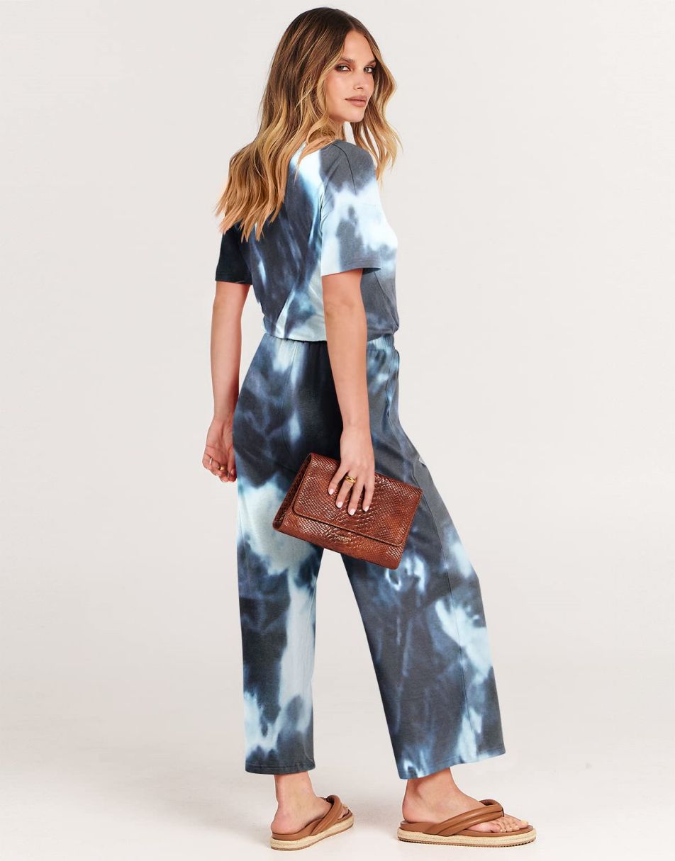 ANRABESS Kurzarm V-Ausschnitt Elastische Taille Weites Bein Cropped Hosen Jumpsuits Strampler