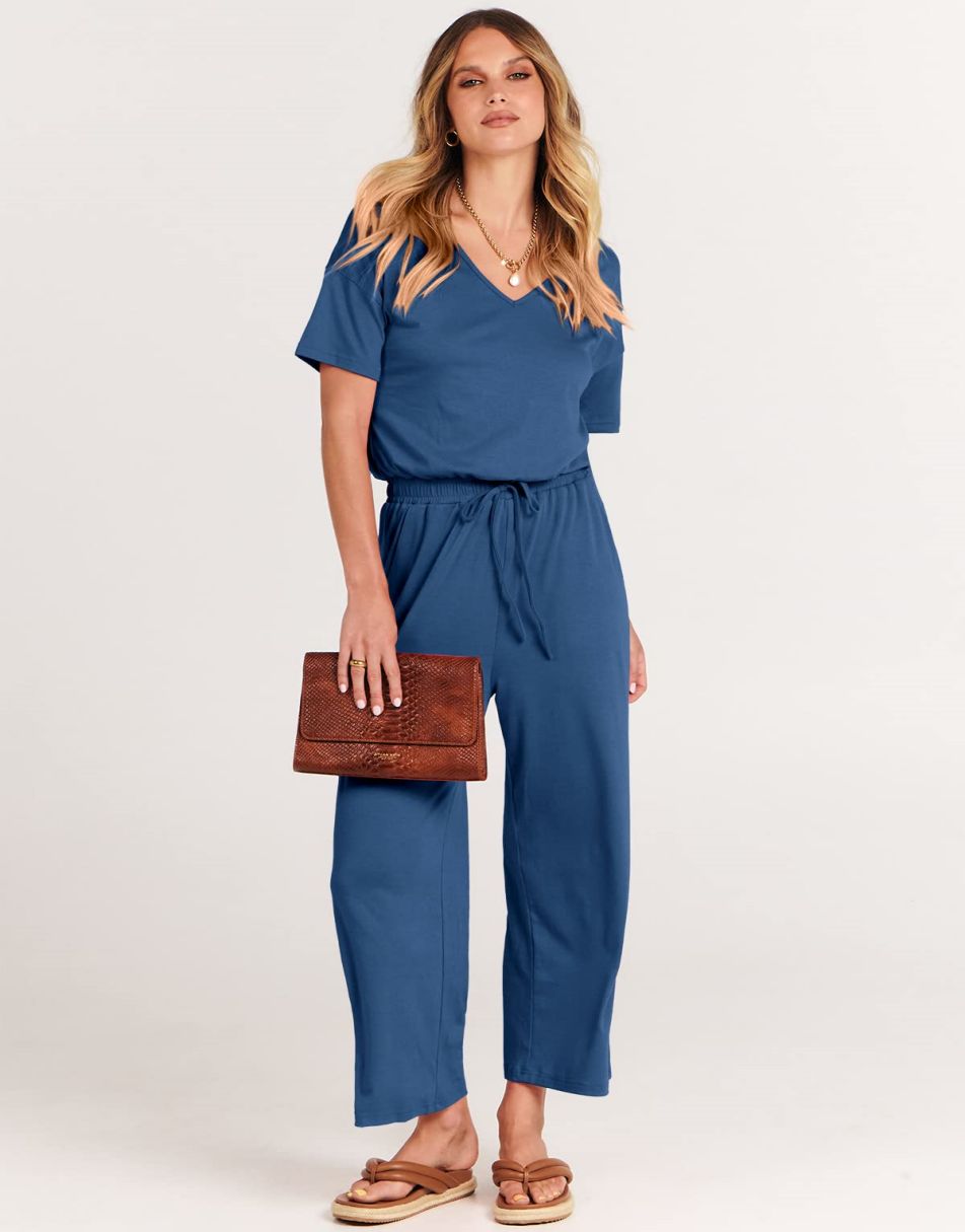 ANRABESS Kurzarm V-Ausschnitt Elastische Taille Weites Bein Cropped Hosen Jumpsuits Strampler