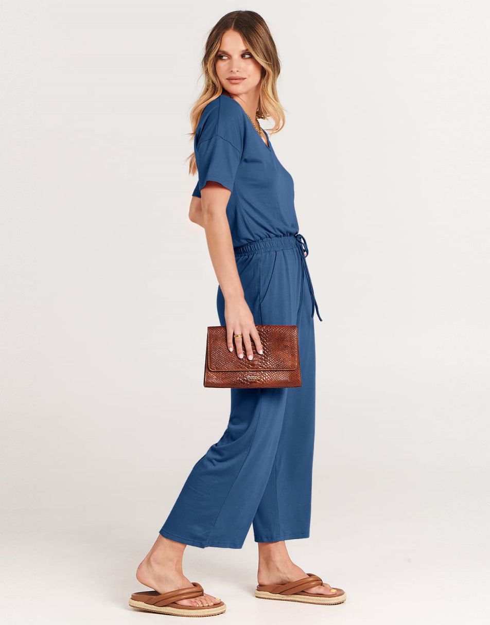 ANRABESS Kurzarm V-Ausschnitt Elastische Taille Weites Bein Cropped Hosen Jumpsuits Strampler