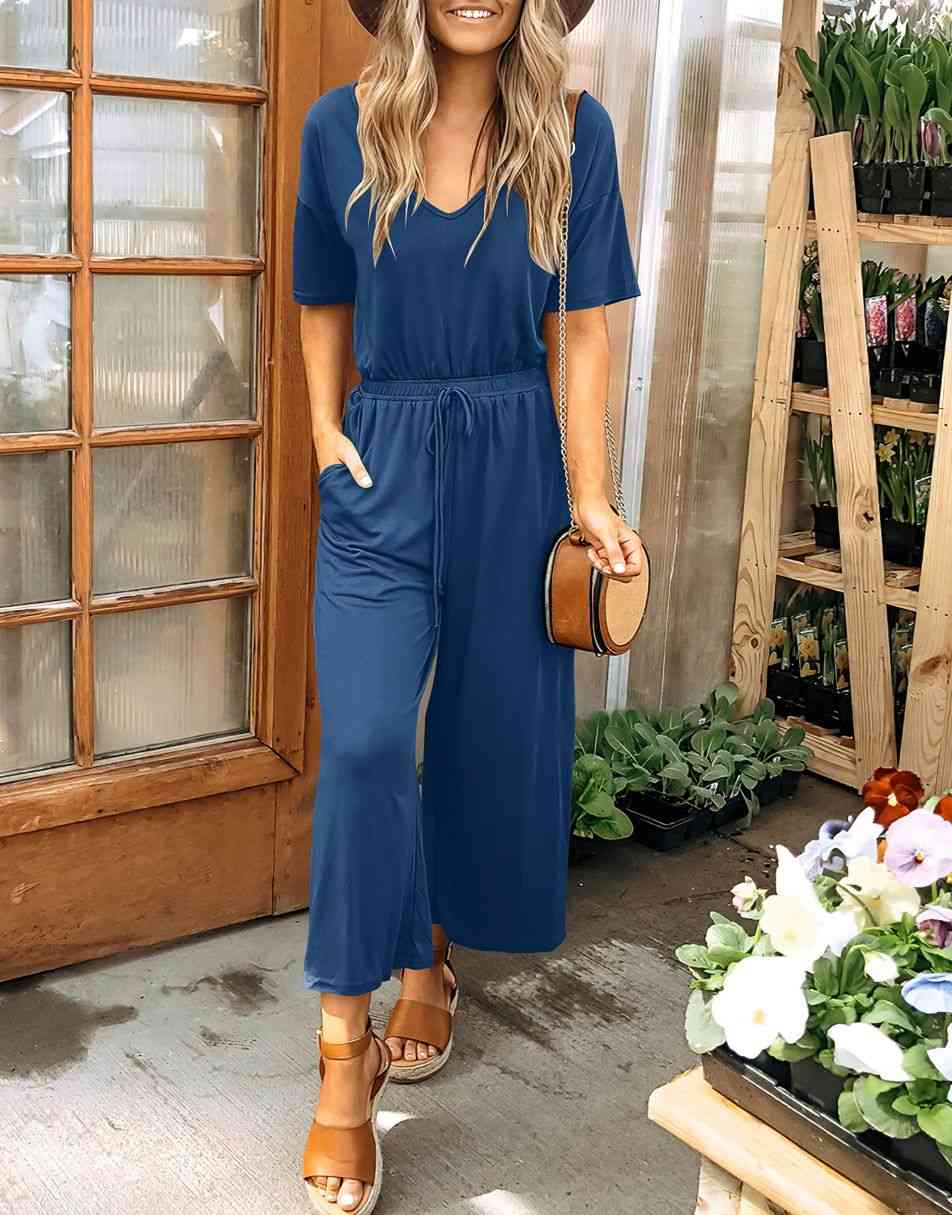 ANRABESS Kurzarm V-Ausschnitt Elastische Taille Weites Bein Cropped Hosen Jumpsuits Strampler