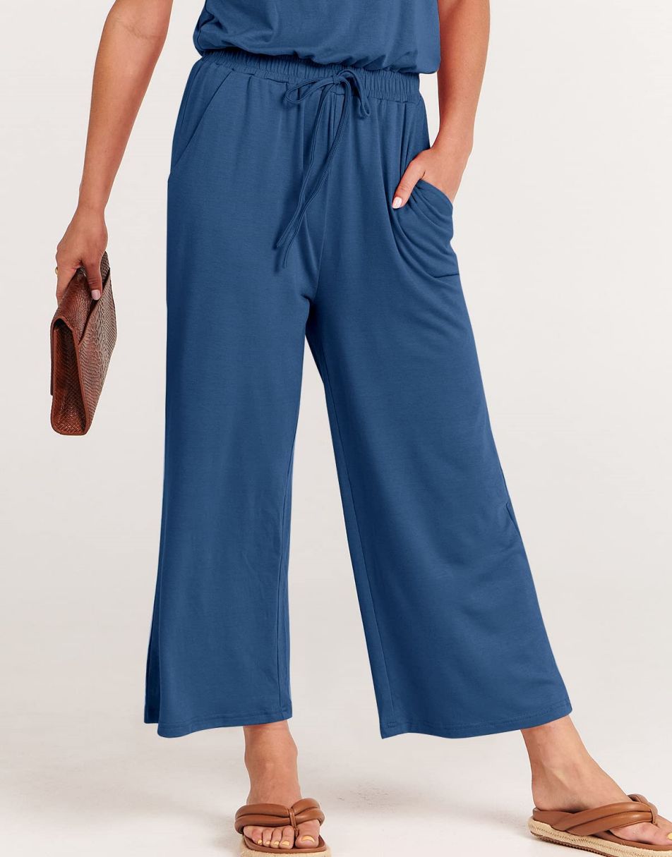 ANRABESS Kurzarm V-Ausschnitt Elastische Taille Weites Bein Cropped Hosen Jumpsuits Strampler