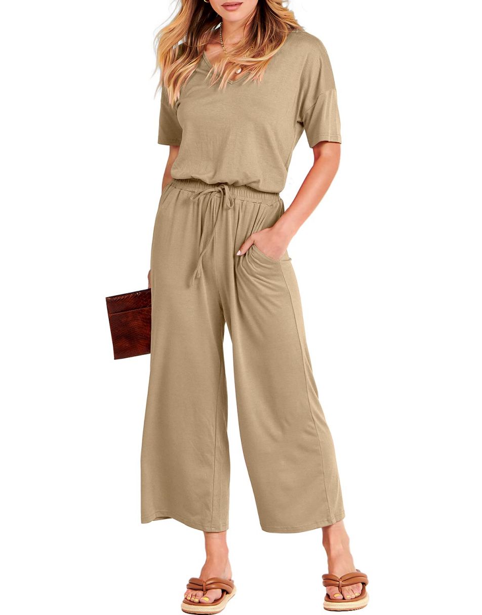 ANRABESS Kurzarm V-Ausschnitt Elastische Taille Weites Bein Cropped Hosen Jumpsuits Strampler