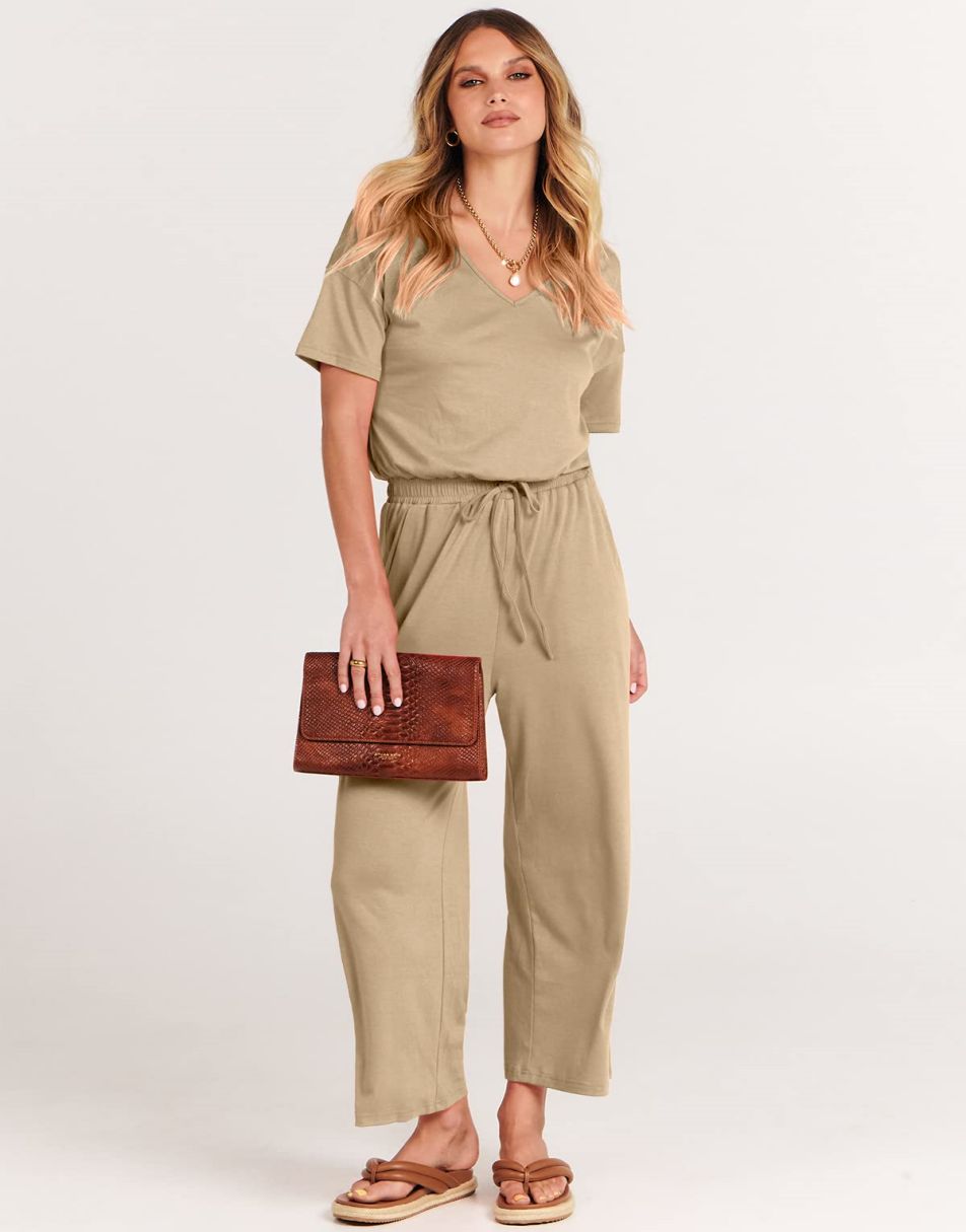 ANRABESS Kurzarm V-Ausschnitt Elastische Taille Weites Bein Cropped Hosen Jumpsuits Strampler
