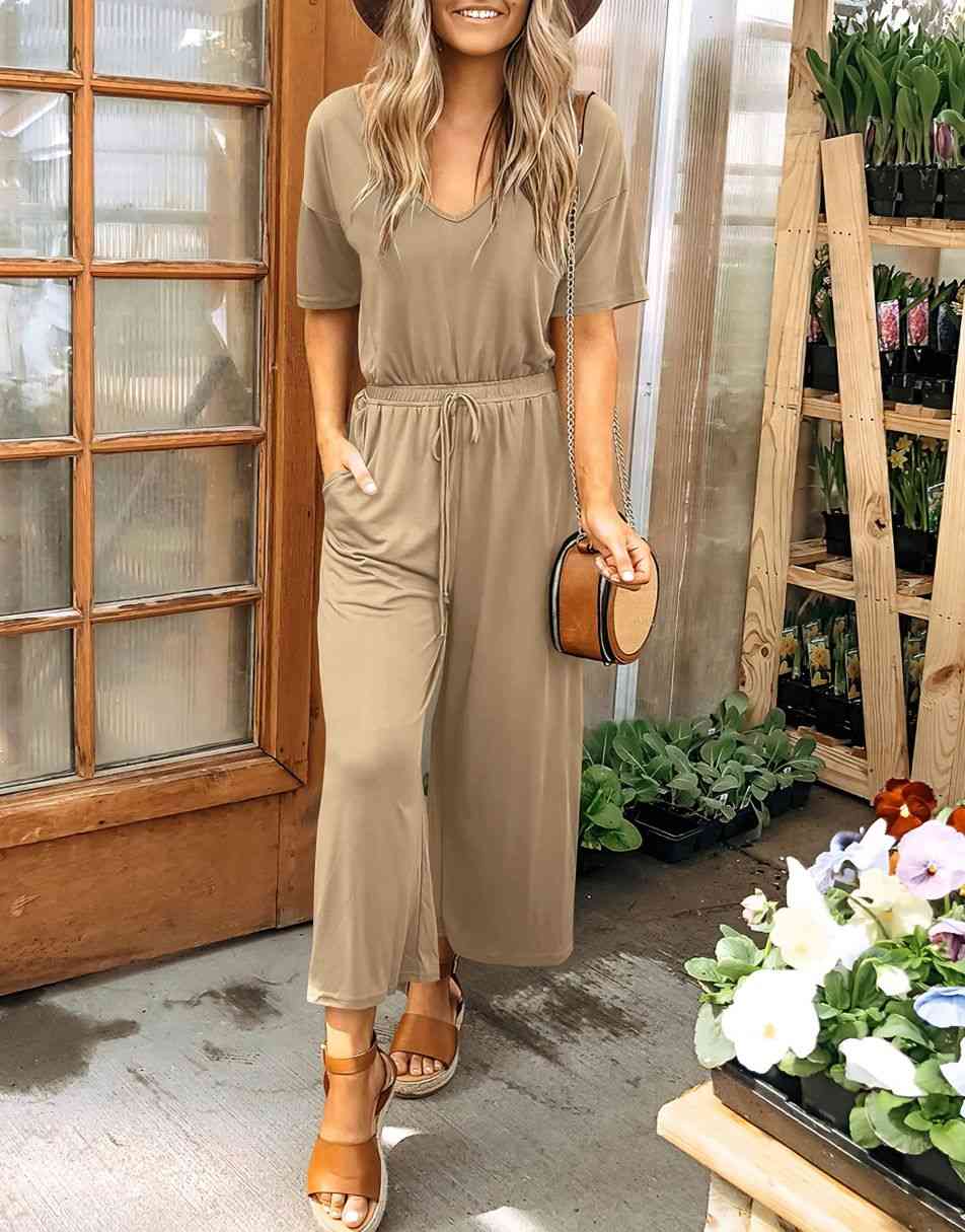 ANRABESS Kurzarm V-Ausschnitt Elastische Taille Weites Bein Cropped Hosen Jumpsuits Strampler