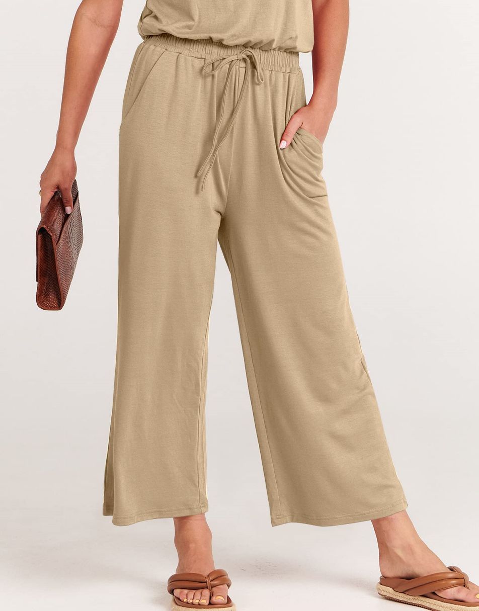ANRABESS Kurzarm V-Ausschnitt Elastische Taille Weites Bein Cropped Hosen Jumpsuits Strampler