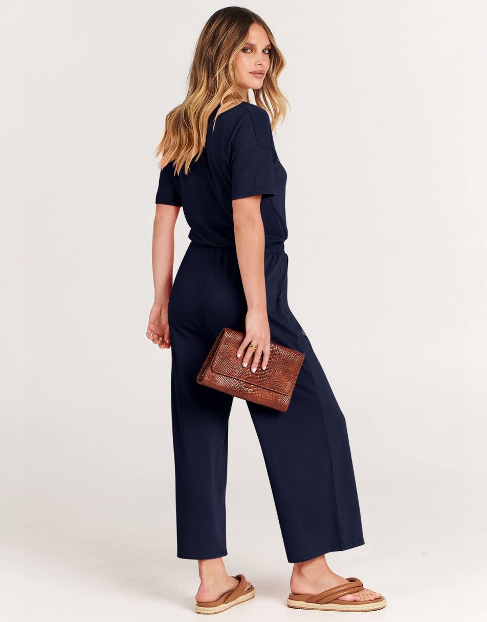 ANRABESS Kurzarm V-Ausschnitt Elastische Taille Weites Bein Cropped Hosen Jumpsuits Strampler