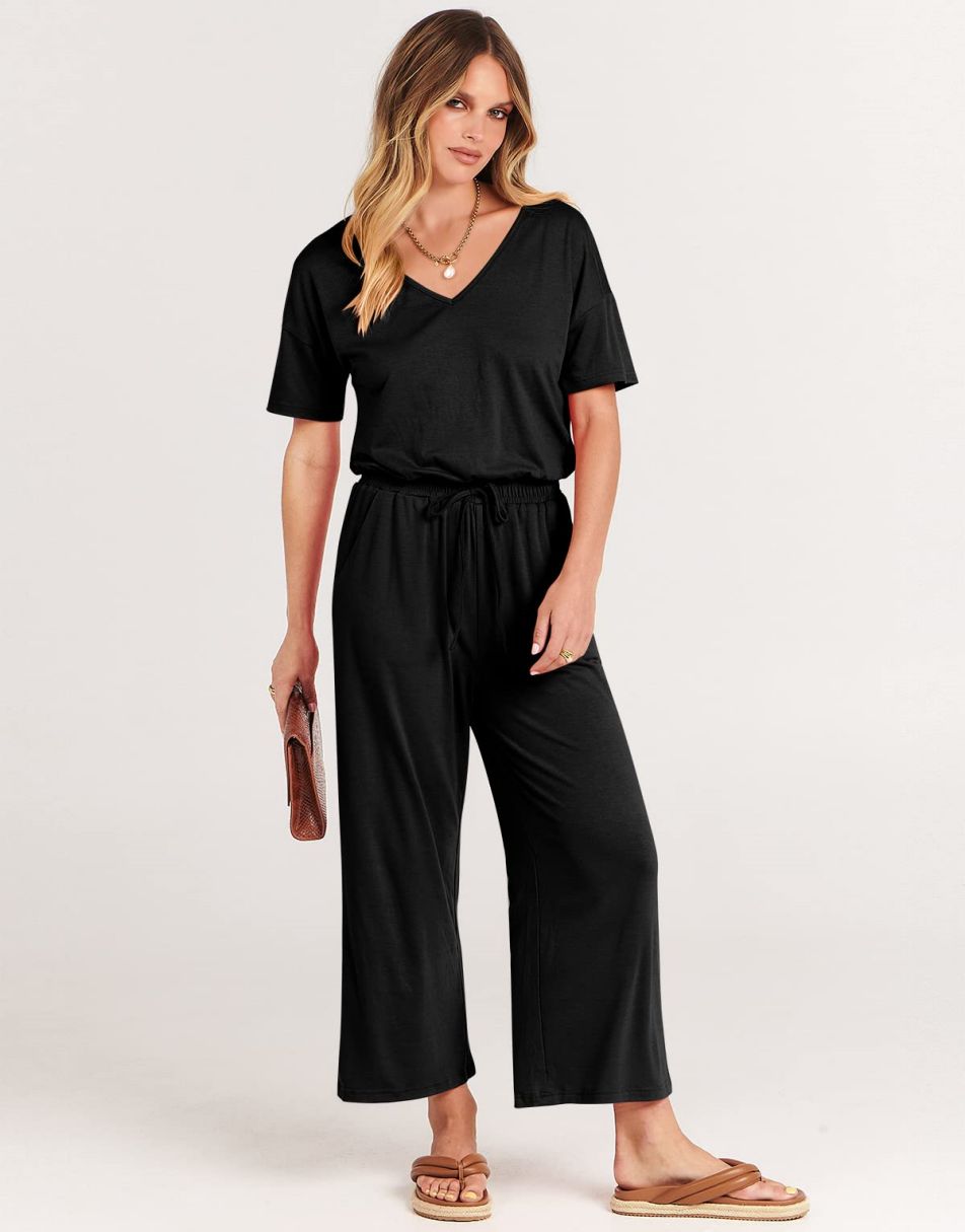 ANRABESS Kurzarm V-Ausschnitt Elastische Taille Weites Bein Cropped Hosen Jumpsuits Strampler