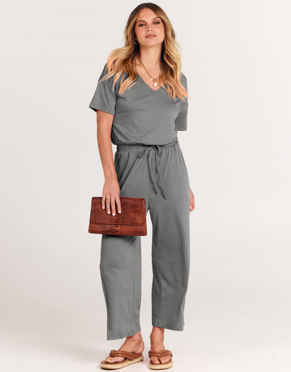 ANRABESS Kurzarm V-Ausschnitt Elastische Taille Weites Bein Cropped Hosen Jumpsuits Strampler