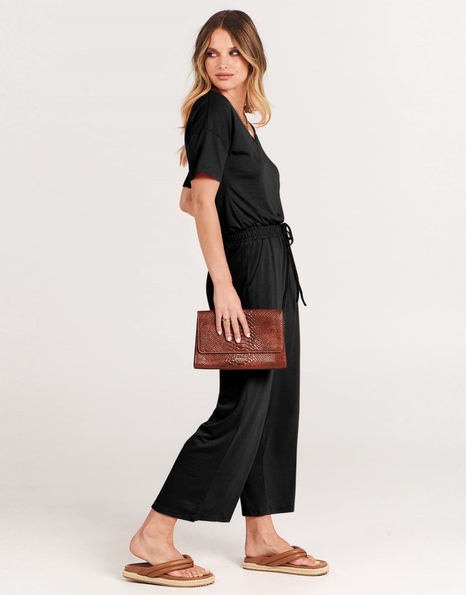 ANRABESS Kurzarm V-Ausschnitt Elastische Taille Weites Bein Cropped Hosen Jumpsuits Strampler
