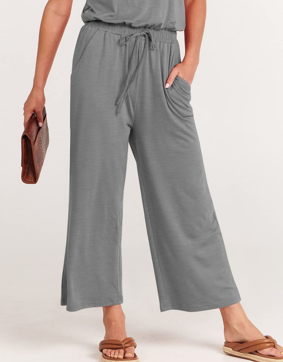 ANRABESS Kurzarm V-Ausschnitt Elastische Taille Weites Bein Cropped Hosen Jumpsuits Strampler