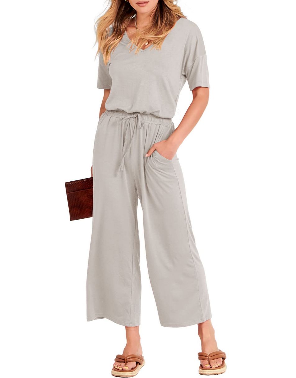 ANRABESS Kurzarm V-Ausschnitt Elastische Taille Weites Bein Cropped Hosen Jumpsuits Strampler
