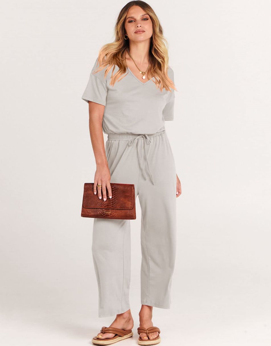 ANRABESS Kurzarm V-Ausschnitt Elastische Taille Weites Bein Cropped Hosen Jumpsuits Strampler