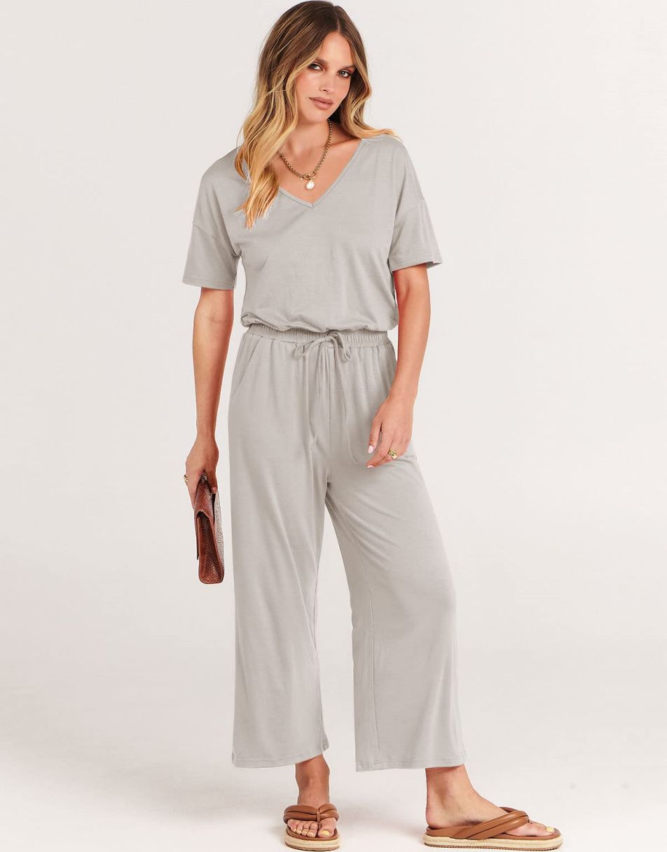ANRABESS Kurzarm V-Ausschnitt Elastische Taille Weites Bein Cropped Hosen Jumpsuits Strampler