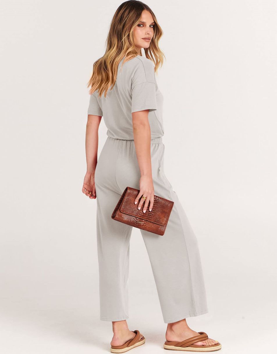 ANRABESS Kurzarm V-Ausschnitt Elastische Taille Weites Bein Cropped Hosen Jumpsuits Strampler