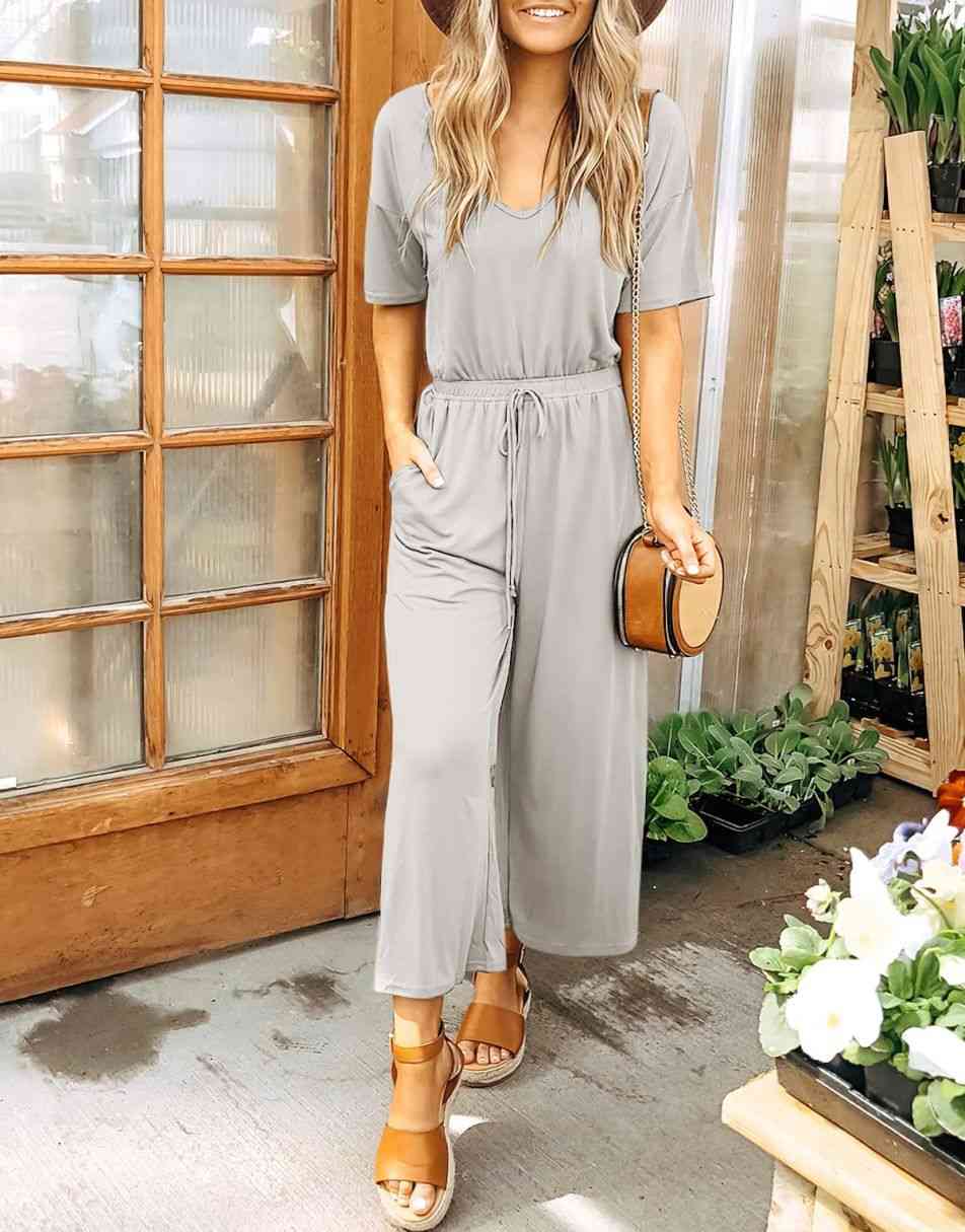 ANRABESS Kurzarm V-Ausschnitt Elastische Taille Weites Bein Cropped Hosen Jumpsuits Strampler