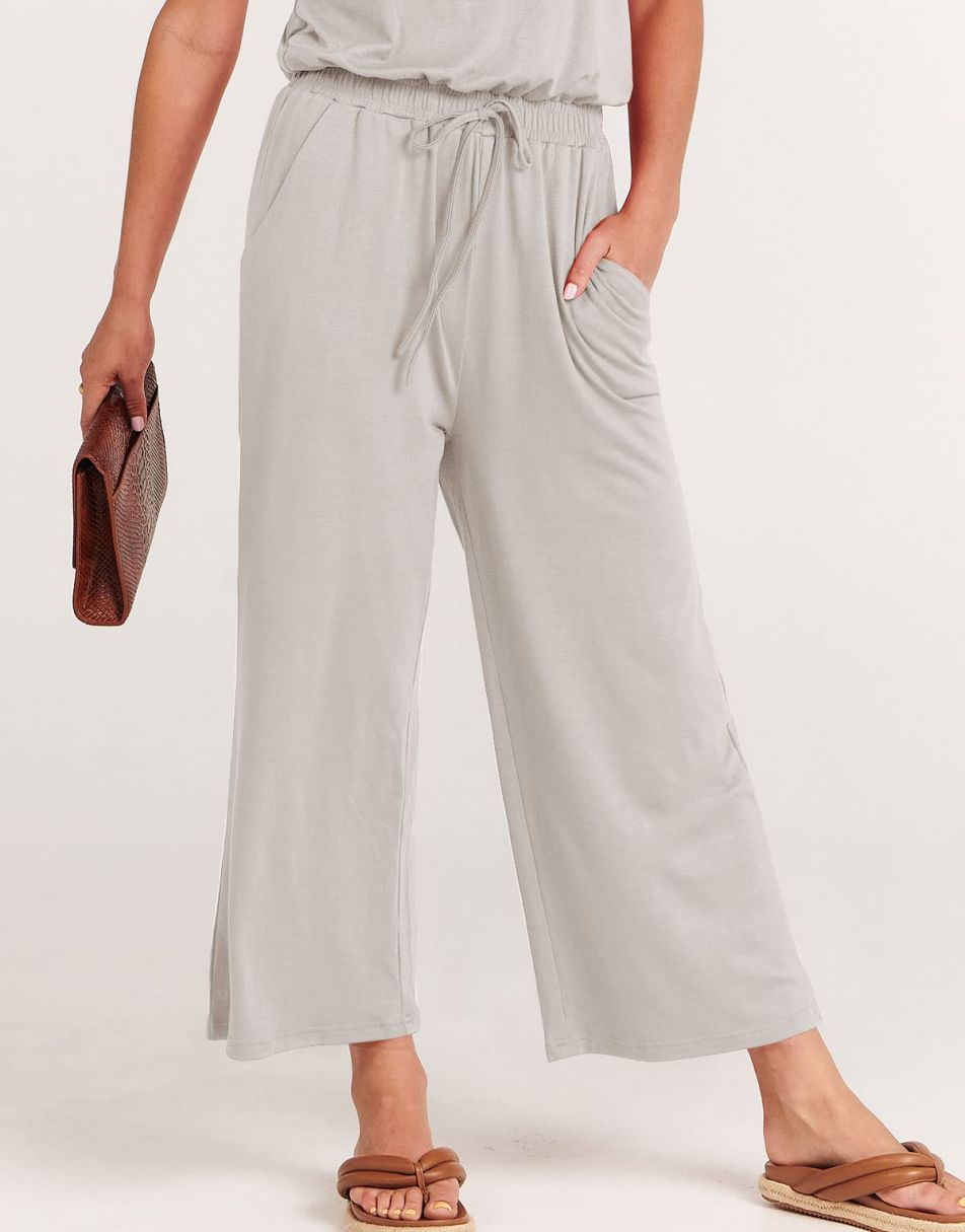 ANRABESS Kurzarm V-Ausschnitt Elastische Taille Weites Bein Cropped Hosen Jumpsuits Strampler