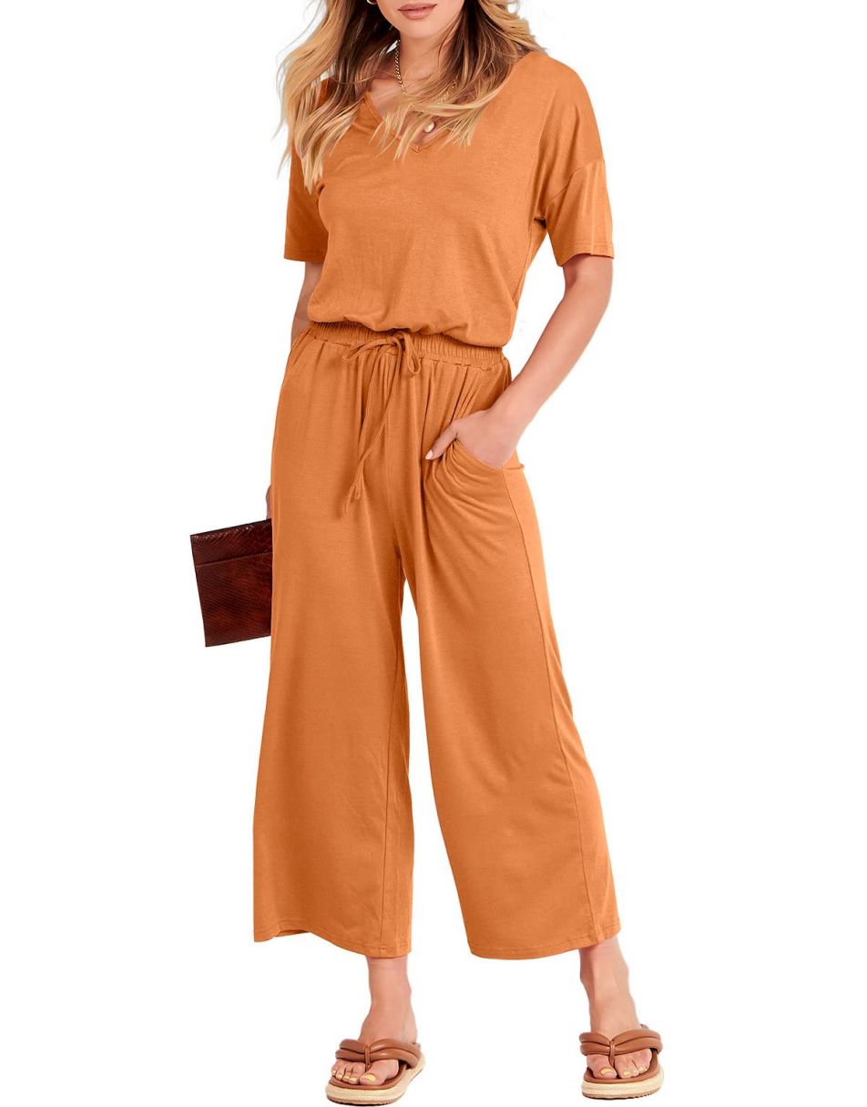ANRABESS Kurzarm V-Ausschnitt Elastische Taille Weites Bein Cropped Hosen Jumpsuits Strampler