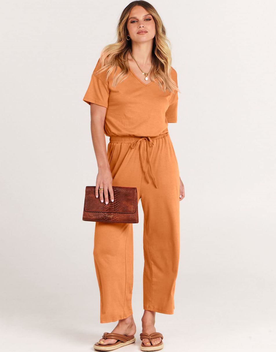 ANRABESS Kurzarm V-Ausschnitt Elastische Taille Weites Bein Cropped Hosen Jumpsuits Strampler