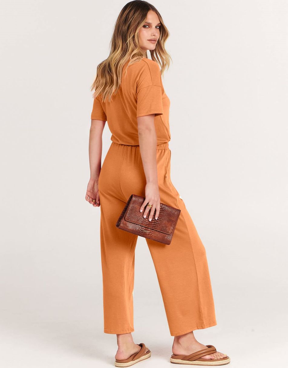 ANRABESS Kurzarm V-Ausschnitt Elastische Taille Weites Bein Cropped Hosen Jumpsuits Strampler