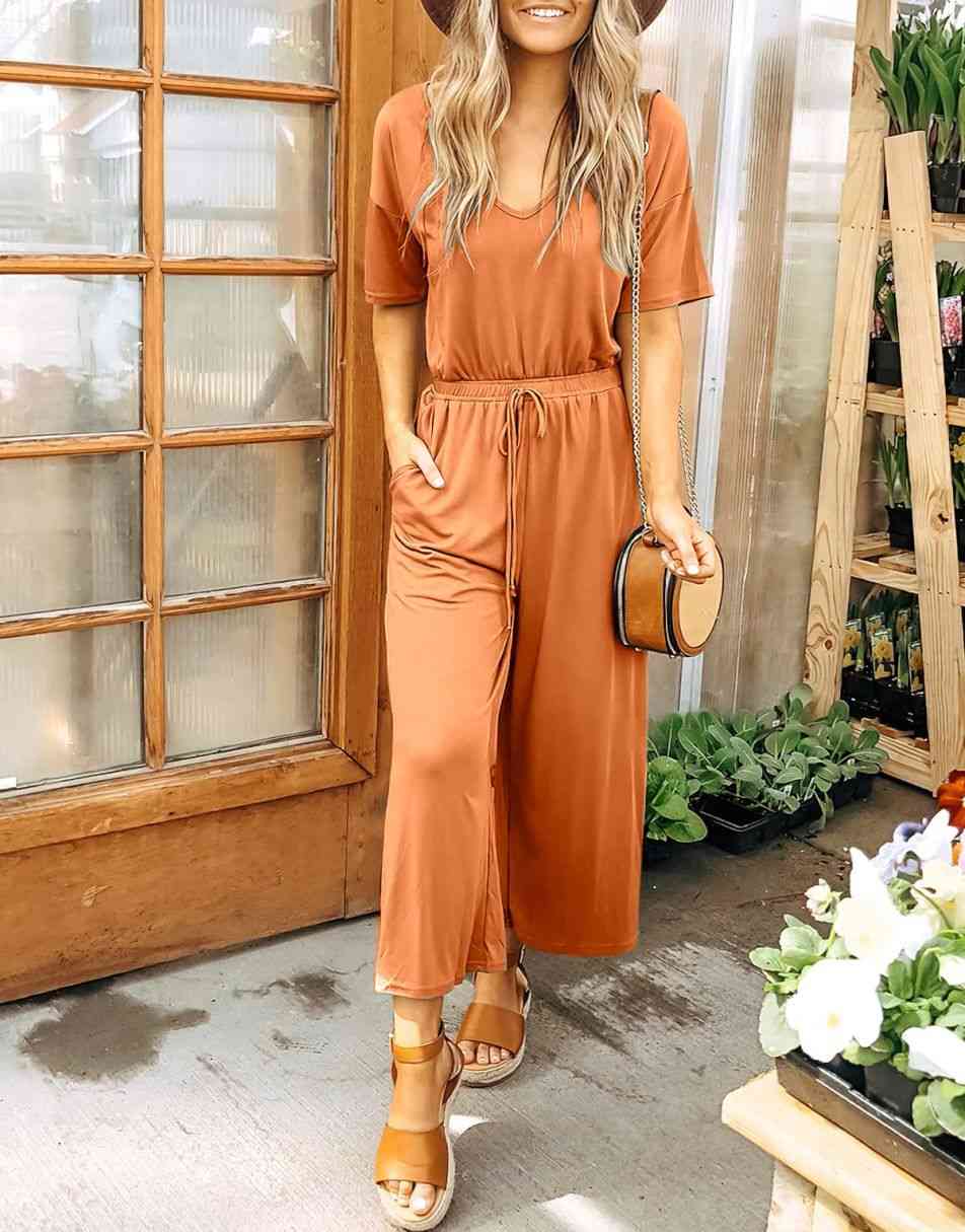ANRABESS Kurzarm V-Ausschnitt Elastische Taille Weites Bein Cropped Hosen Jumpsuits Strampler