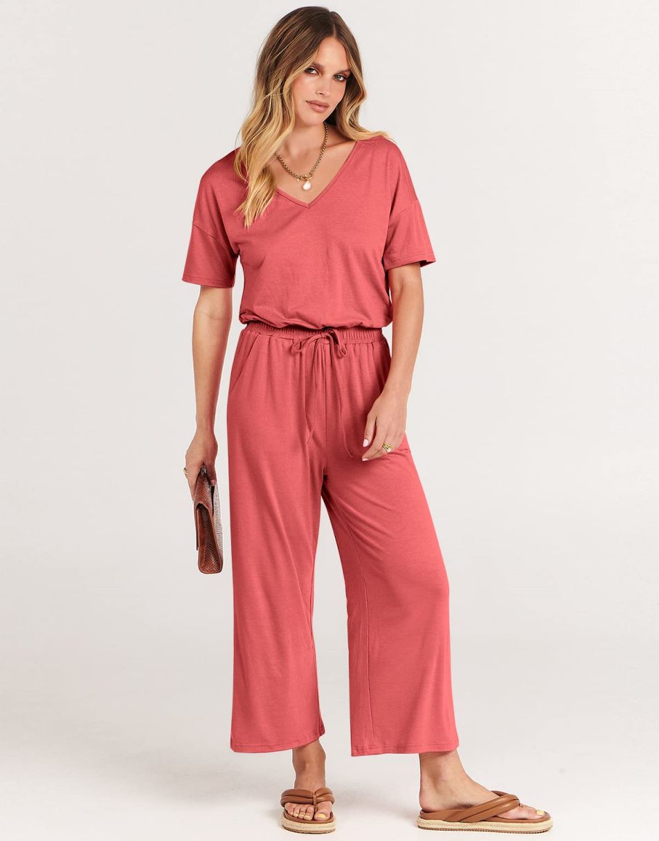 ANRABESS Kurzarm V-Ausschnitt Elastische Taille Weites Bein Cropped Hosen Jumpsuits Strampler