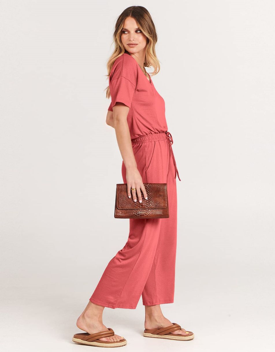 ANRABESS Kurzarm V-Ausschnitt Elastische Taille Weites Bein Cropped Hosen Jumpsuits Strampler