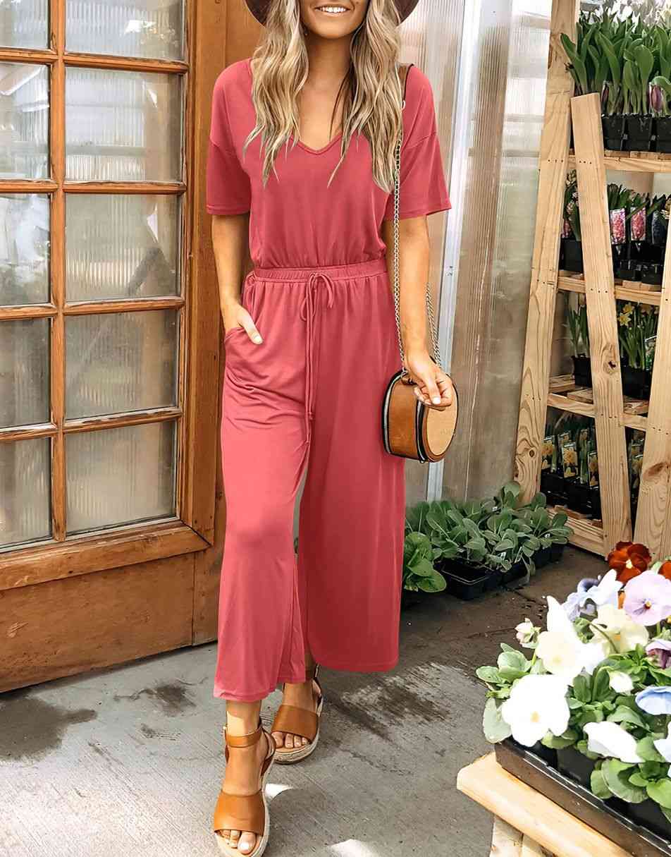 ANRABESS Kurzarm V-Ausschnitt Elastische Taille Weites Bein Cropped Hosen Jumpsuits Strampler
