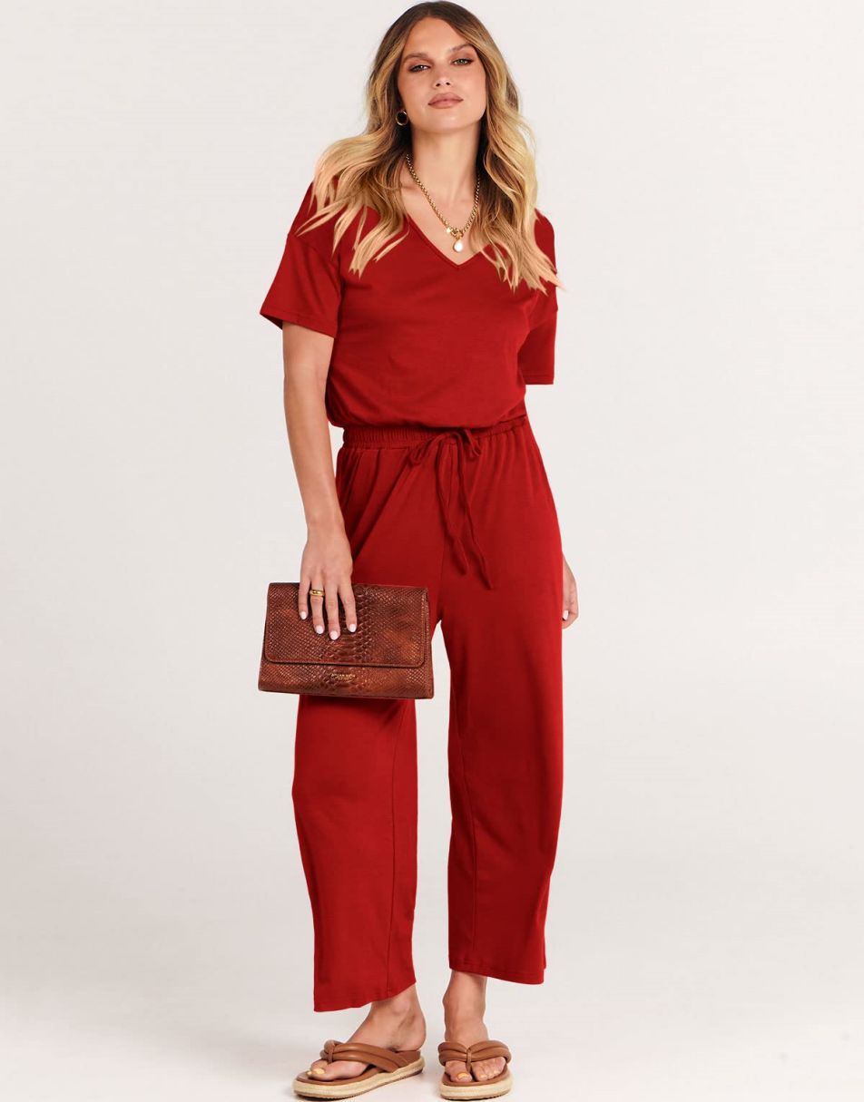 ANRABESS Kurzarm V-Ausschnitt Elastische Taille Weites Bein Cropped Hosen Jumpsuits Strampler