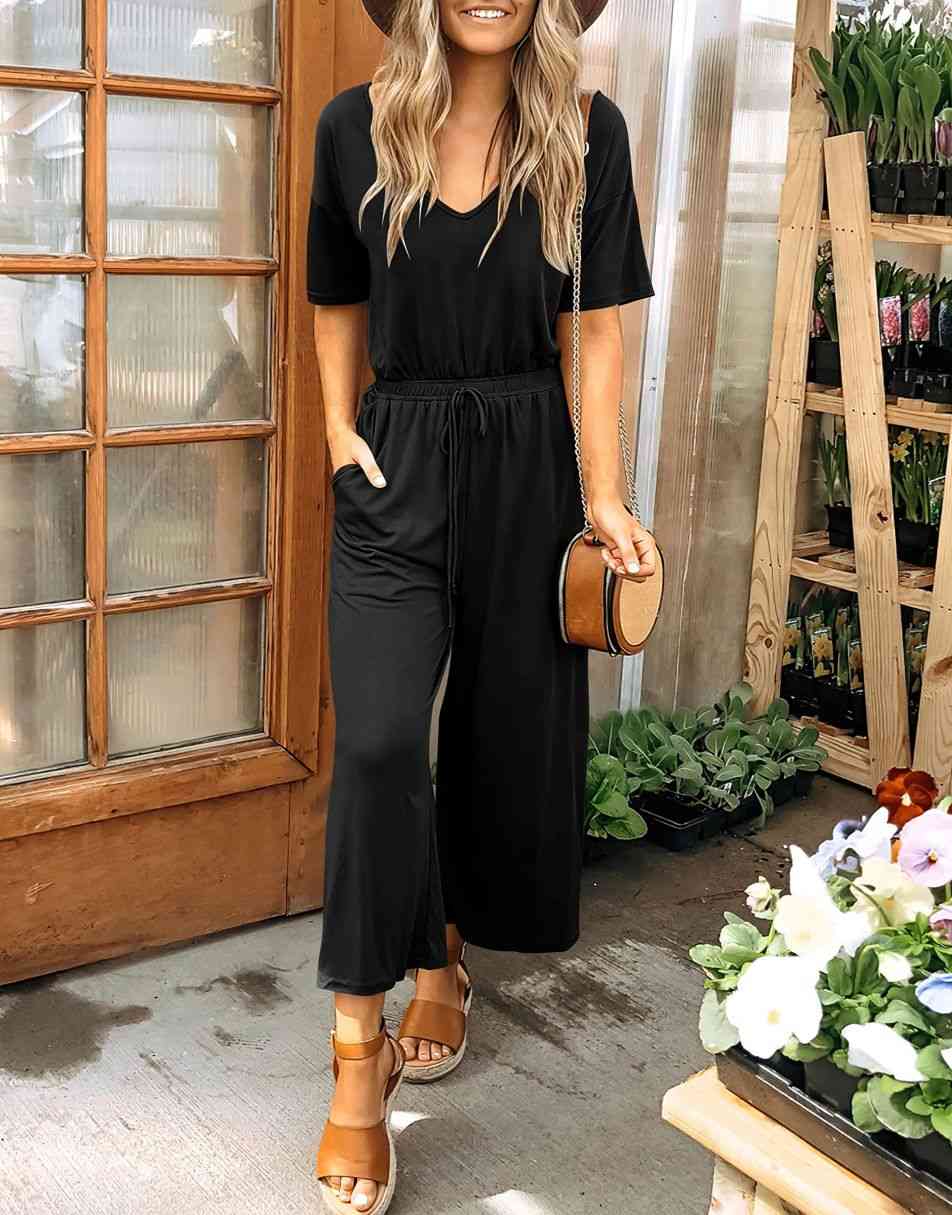 ANRABESS Kurzarm V-Ausschnitt Elastische Taille Weites Bein Cropped Hosen Jumpsuits Strampler