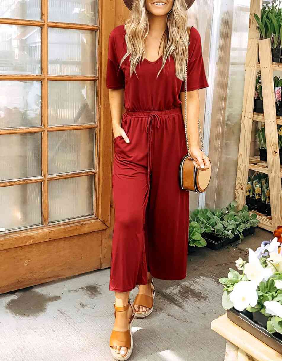 ANRABESS Kurzarm V-Ausschnitt Elastische Taille Weites Bein Cropped Hosen Jumpsuits Strampler