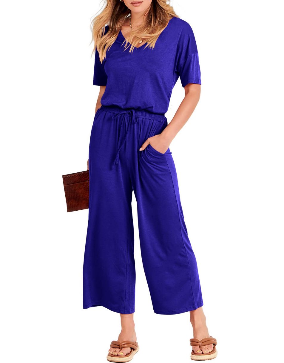 ANRABESS Kurzarm V-Ausschnitt Elastische Taille Weites Bein Cropped Hosen Jumpsuits Strampler