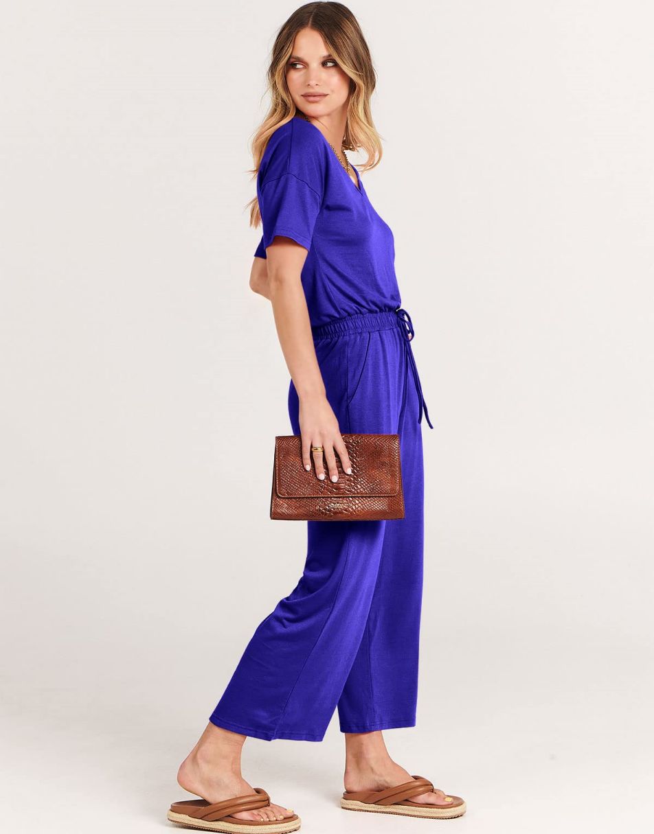 ANRABESS Kurzarm V-Ausschnitt Elastische Taille Weites Bein Cropped Hosen Jumpsuits Strampler