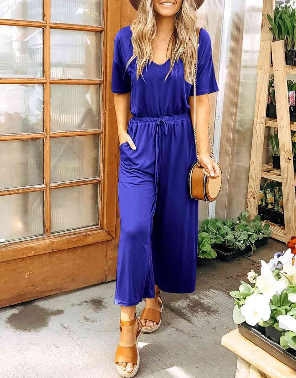 ANRABESS Kurzarm V-Ausschnitt Elastische Taille Weites Bein Cropped Hosen Jumpsuits Strampler