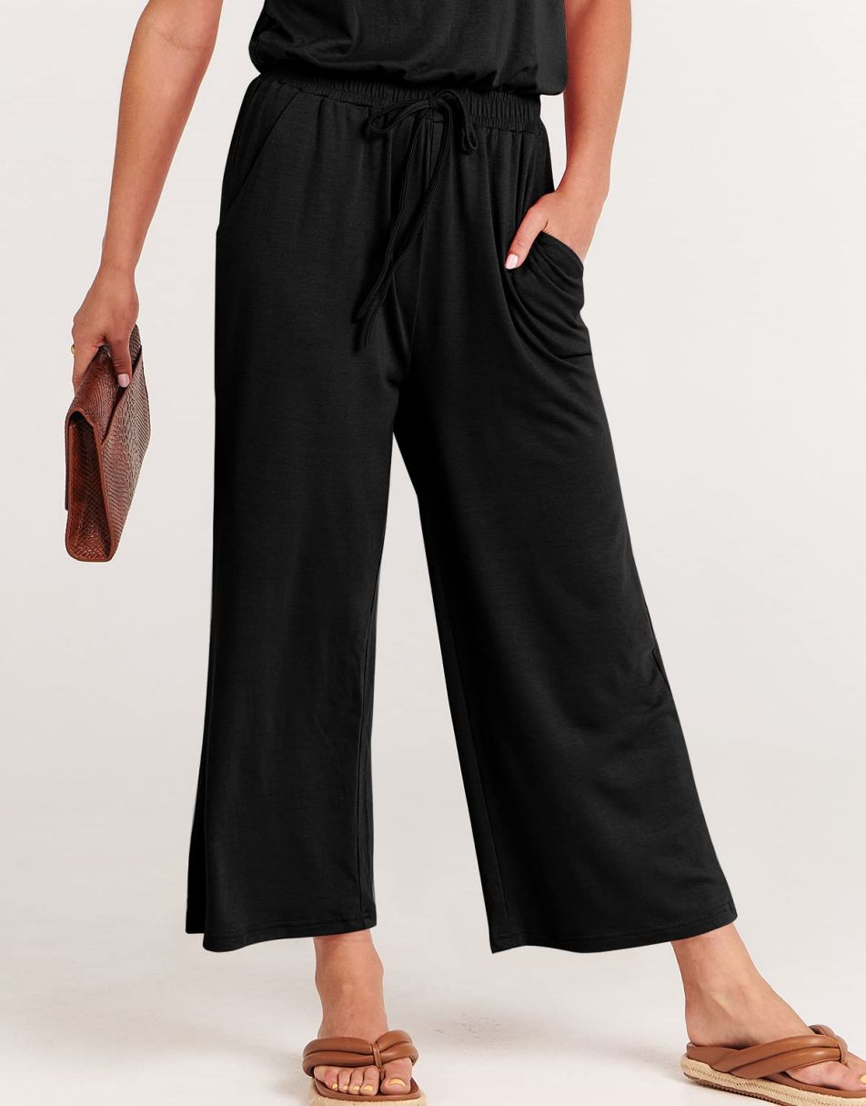 ANRABESS Kurzarm V-Ausschnitt Elastische Taille Weites Bein Cropped Hosen Jumpsuits Strampler