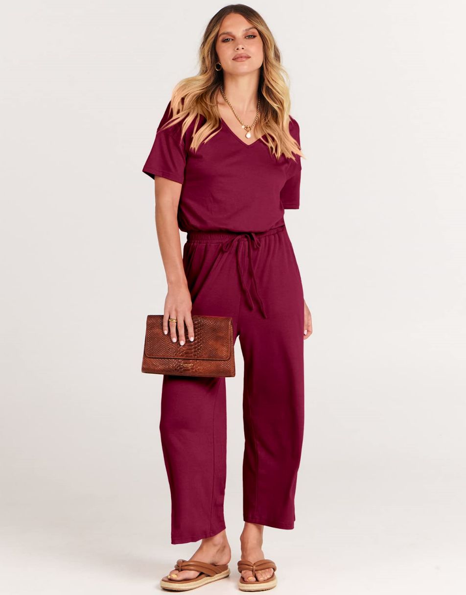 ANRABESS Kurzarm V-Ausschnitt Elastische Taille Weites Bein Cropped Hosen Jumpsuits Strampler