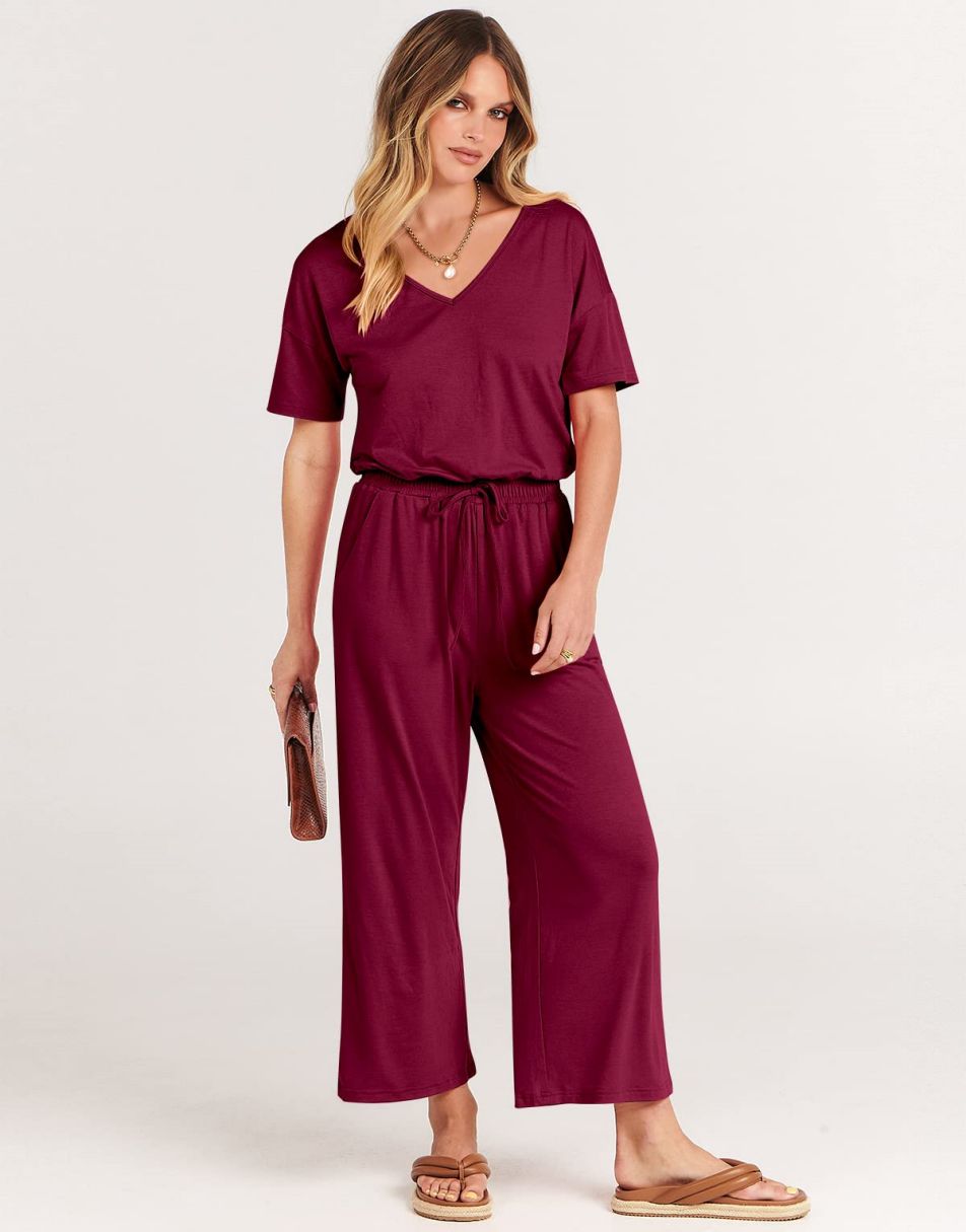 ANRABESS Kurzarm V-Ausschnitt Elastische Taille Weites Bein Cropped Hosen Jumpsuits Strampler
