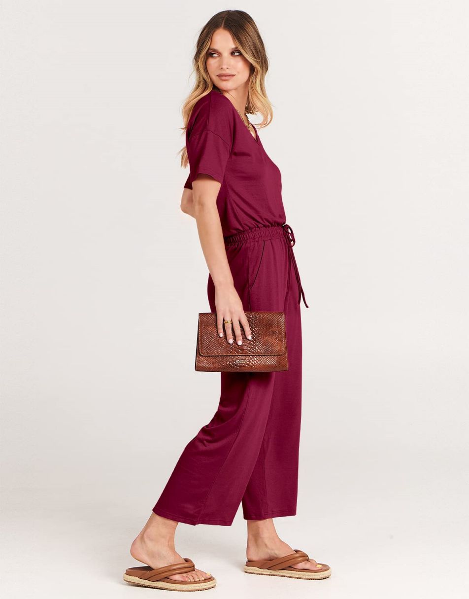 ANRABESS Kurzarm V-Ausschnitt Elastische Taille Weites Bein Cropped Hosen Jumpsuits Strampler